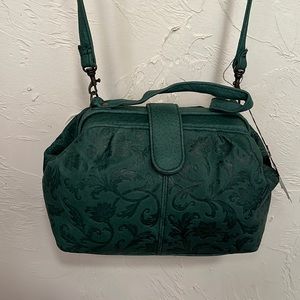 Loft House emerald green floral print small bag.